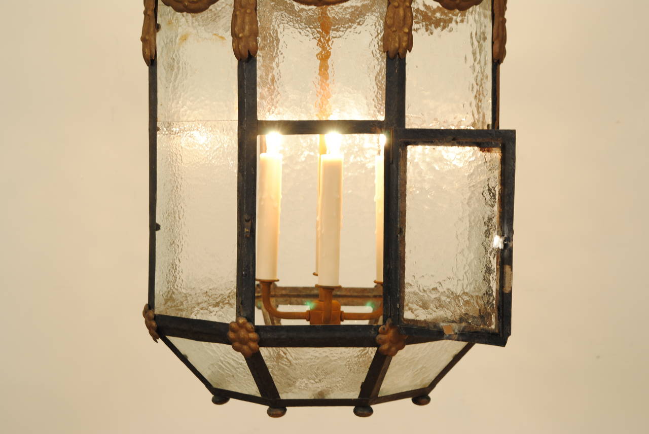 German Neoclassical Octagonal Shaped Iron, Gilt Metal and Glass Lantern 1