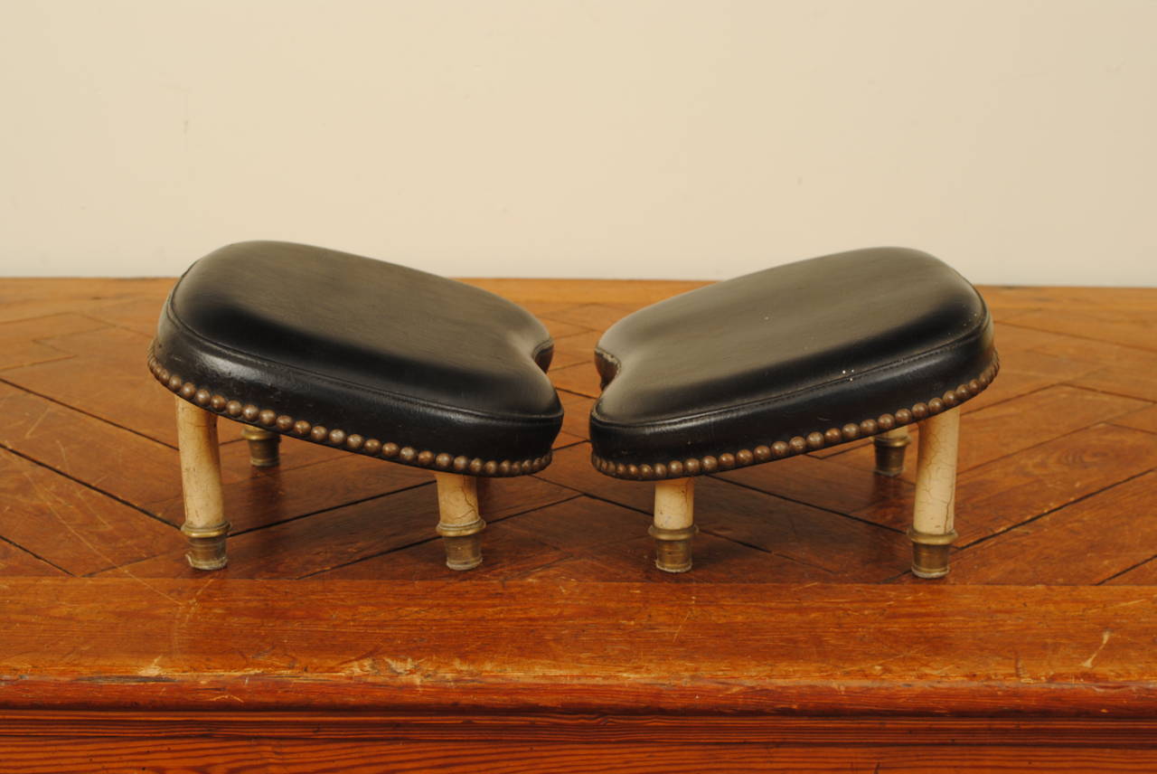 Pair of French Brass and Black Leather Footstools, Mid-20th Century