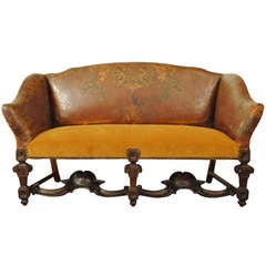 An Italian Baroque Style 19th Cen. Leather and Velvet Upholstered Settee