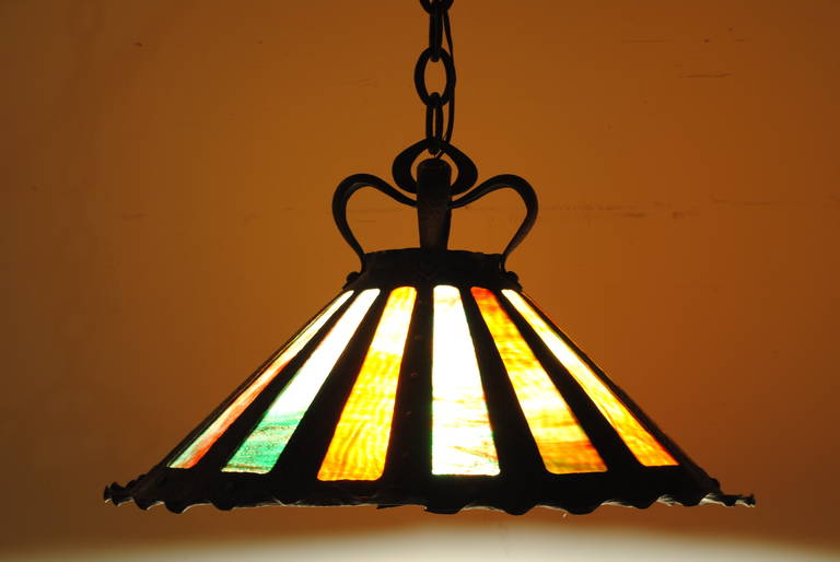 Arts and Crafts Wrought Iron and Glass Lantern