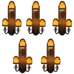 Set of Five Italian Baroque Style Three-Light Wall Sconces in Patinated Brass