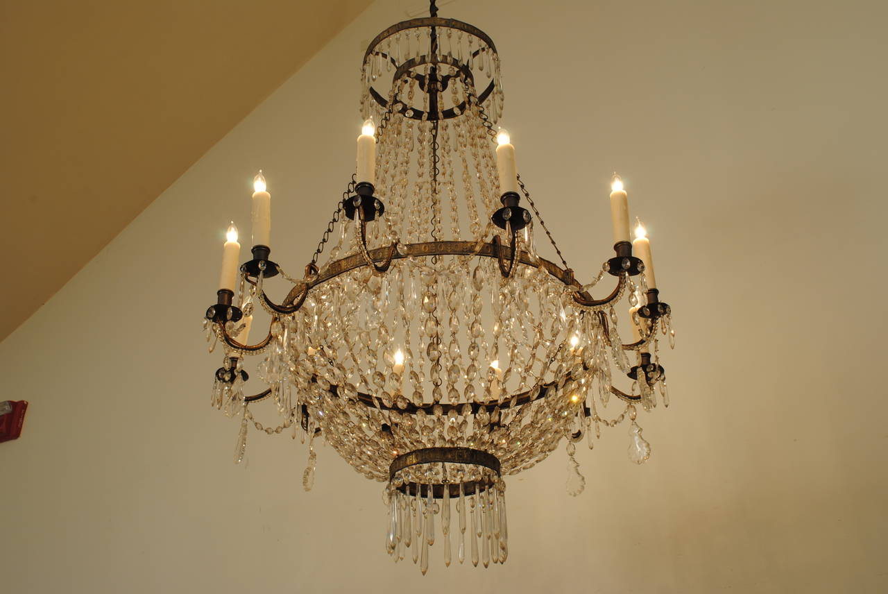 Italian Neoclassical, Stamped Brass and Glass Four-Ring 12-Light Chandelier In Excellent Condition In Atlanta, GA