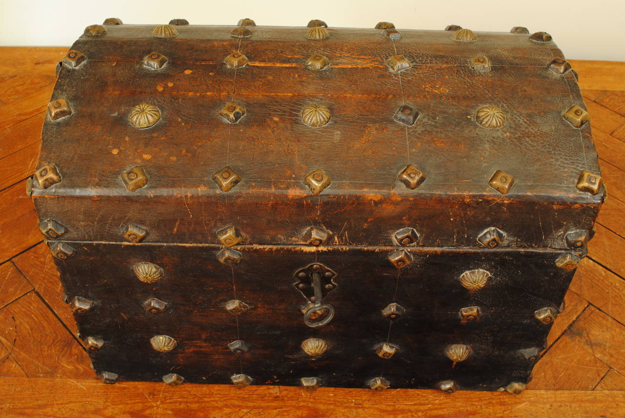 Louis XIV French Leather Upholstered Carrying Trunk with Brass Nailheads, 18th Century