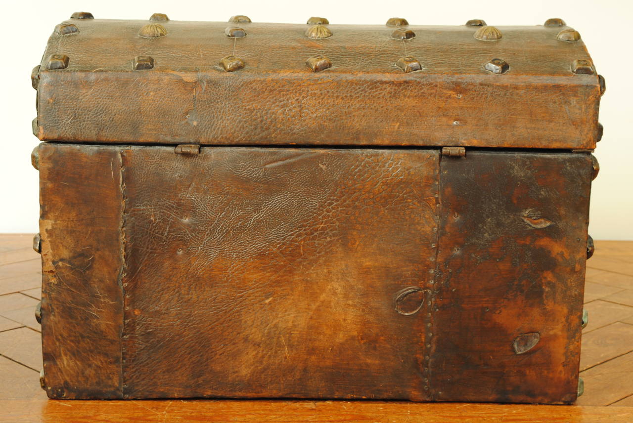 French Leather Upholstered Carrying Trunk with Brass Nailheads, 18th Century 2