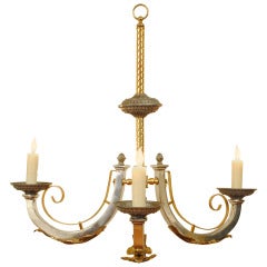 A French 3 Light Steel and Brass Neoclassical Style Chandelier A French 3 Light Steel and Brass Neoclassical Style Chandelier