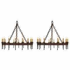 Pair of Spanish Wrought Iron, Sixteen Light Chandeliers