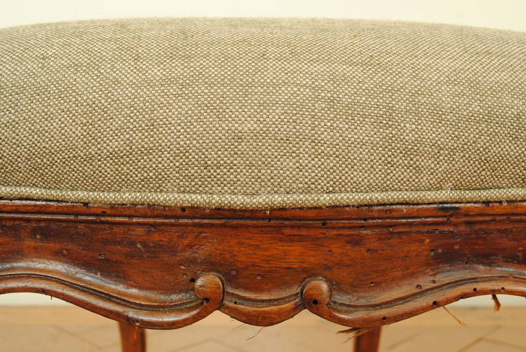 19th Century Italian Rococo Style Carved Walnut and Upholstered Bench