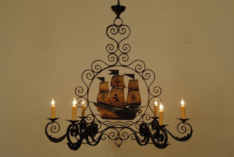Spanish Wrought Iron, Six Light Chandelier with Spanish Galleon