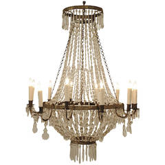Antique Italian Neoclassical, Stamped Brass and Glass Four-Ring 12-Light Chandelier