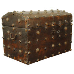 French Leather Upholstered Carrying Trunk with Brass Nailheads, 18th Century