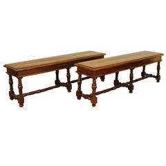 Pair of Italian Late Baroque Style Turned Walnut Benches, Mid-19th Century