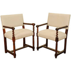 Near Pair of French Louis XIII Walnut Armchairs, Early 18th Century