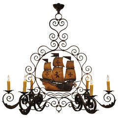 Spanish Wrought Iron, Six Light Chandelier with Spanish Galleon