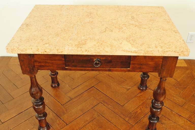 French Louis Philippe Turned Walnut and Marble Top, One-Drawer Table In Excellent Condition In Atlanta, GA