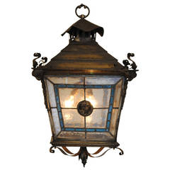 Italian Baroque Style, Patinated Brass, Leaded Glass and Ceramic Lantern