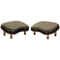 Pair of French Brass and Black Leather Footstools, Mid-20th Century