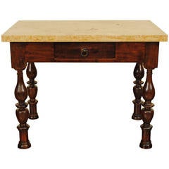 French Louis Philippe Turned Walnut and Marble Top, One-Drawer Table