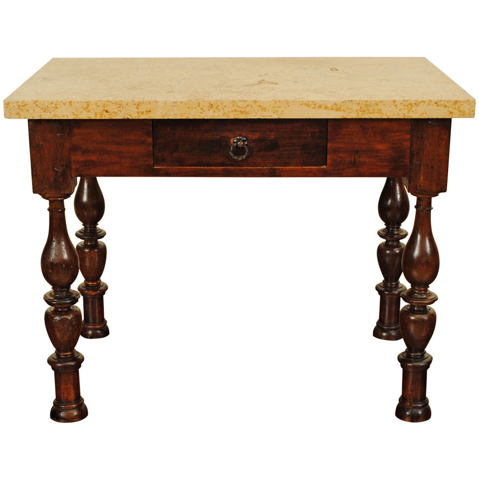French Louis Philippe Turned Walnut and Marble Top, One-Drawer Table