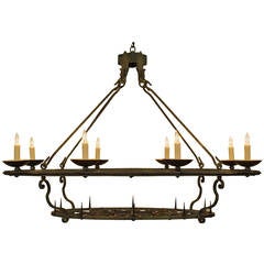 French Wrought and Painted Iron Oval-esque, Two-Tier Eight-Light Chandelier