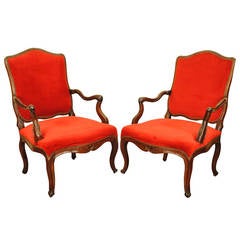 Pair of French Louis XV Period Walnut and Upholstered Fauteuils