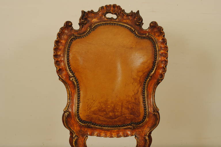 Carved Italian Rococo Style Grotto Chair Upholstered in Leather