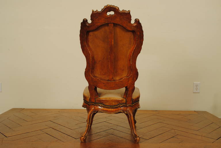 Wood Italian Rococo Style Grotto Chair Upholstered in Leather