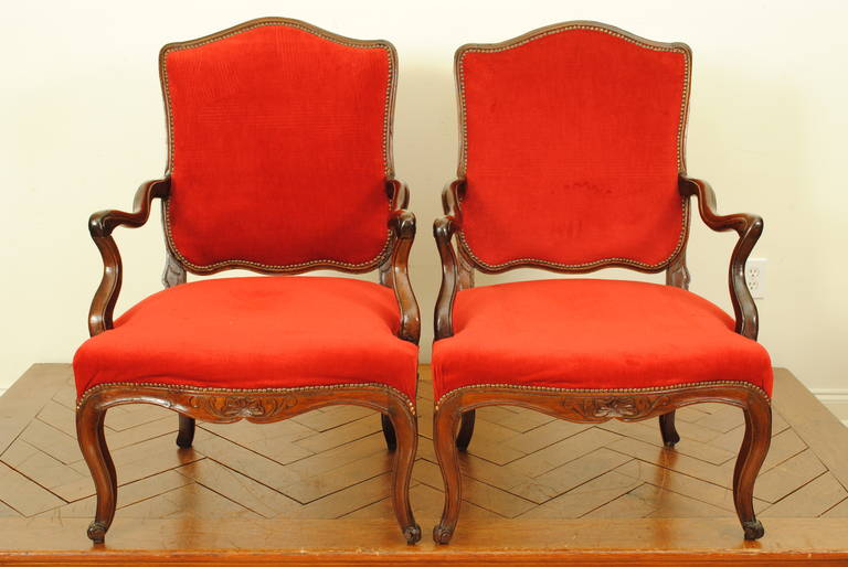 Pair of French Louis XV Period Walnut and Upholstered Fauteuils