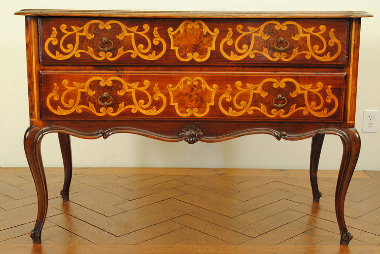 Italian, Lombardia, Rococo Walnut and Inlaid Two-Drawer Commode