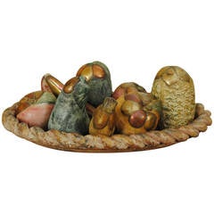 Painted Ceramic, Brass, and Copper Fruit Basket Centerpiece, 20th Century