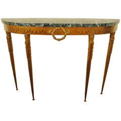 A French Neoclassic Cast and Etched Brass Demilune Console Table with Marble Top