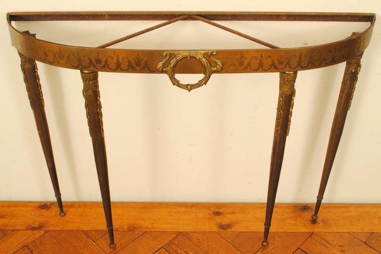 A French Neoclassic Cast and Etched Brass Demilune Console Table with Marble Top 4