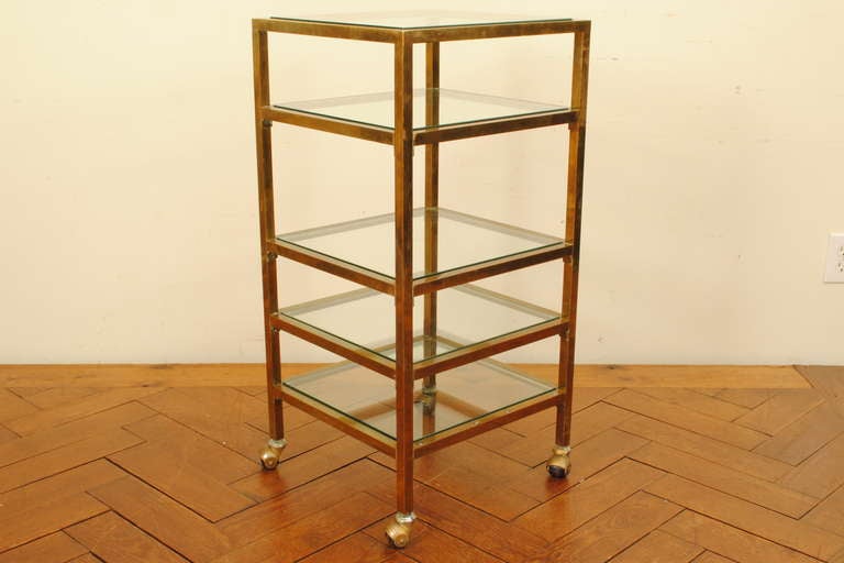 Set of 5 Italian Mid Century Brass and Glass Etageres, Original Casters