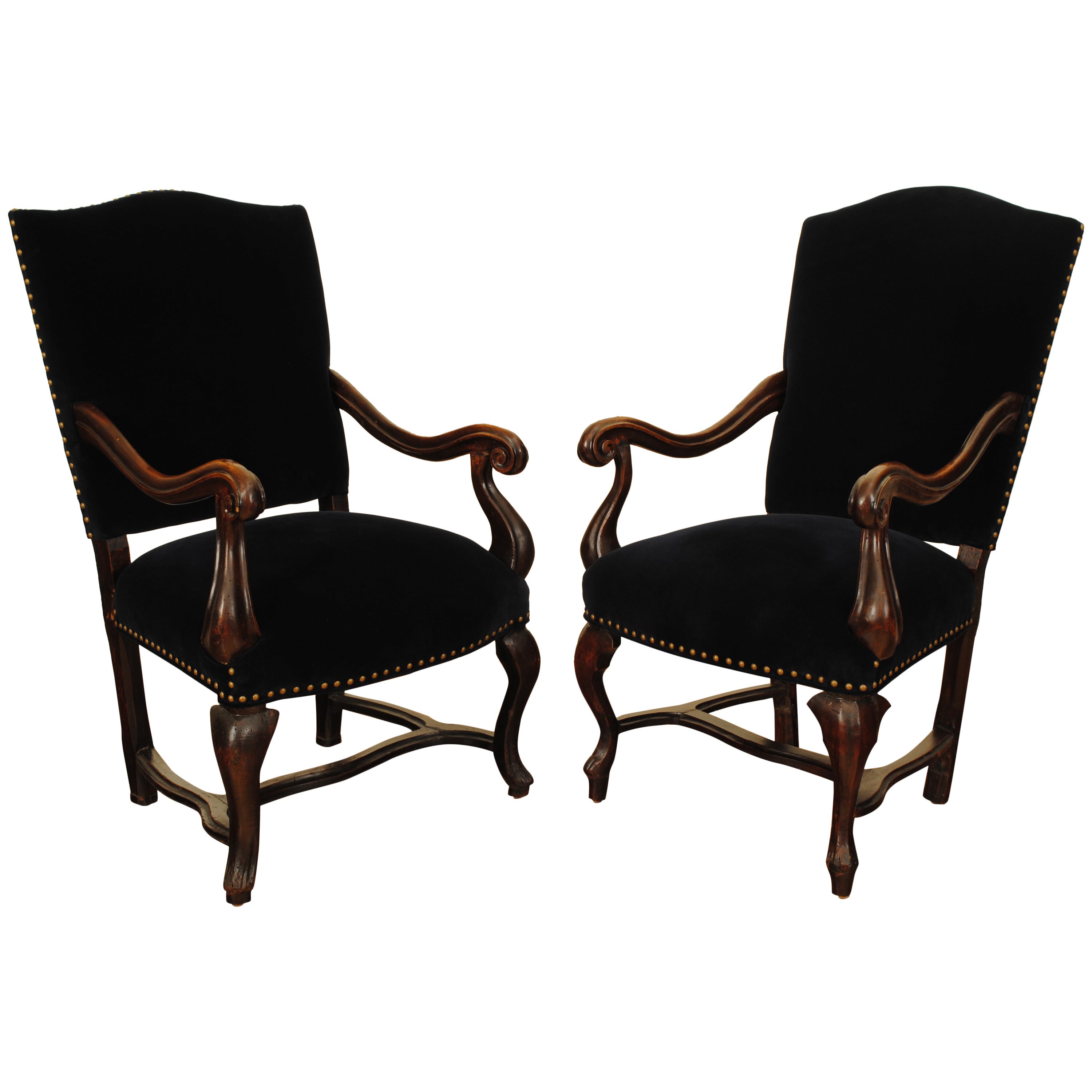 Near Pair Italian, Naples, Walnut & Blue Velvet Upholstered Armchairs, mid 18thc