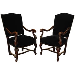 Antique Near Pair Italian, Naples, Walnut & Blue Velvet Upholstered Armchairs, mid 18thc