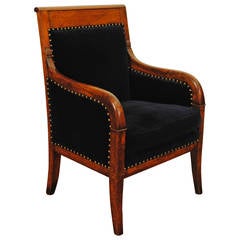 French Restauration Period Walnut Bergere Upholstered in Blue Velvet