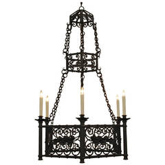 Italian Wrought Iron Hexagonal, Three-Tier Six-Light Chandelier