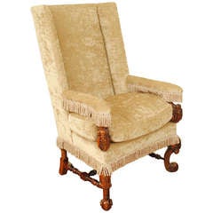 Antique A "Cromwellian" Style Mahogany and Velvet Upholstered Wingchair