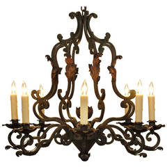 French Louis XV Style Green Iron and Gilt Metal Eight-Light Chandelier