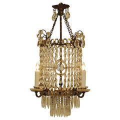 Vintage French Dore Brass and Glass Cylindrical Four-Light Chandelier