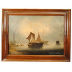 An Italian Oil on Canvas, 19th Cen, Sailing Vessels in Harbor, signed lower left