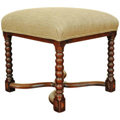 Antique French Louis Philippe Turned Walnut and Upholstered Bench, Mid 19th Century