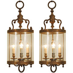 Pair of French Brass Neoclassical Style Three-Light Hanging Lanterns