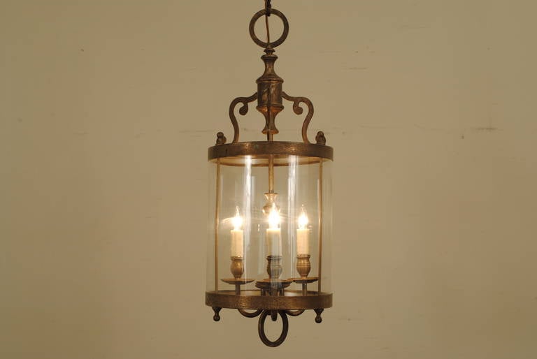 Pair of French Brass Neoclassical Style Three-Light Hanging Lanterns