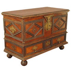Antique A Late 17th Century Portuguese Rosewood and Brass Mounted 1-Drawer Trunk