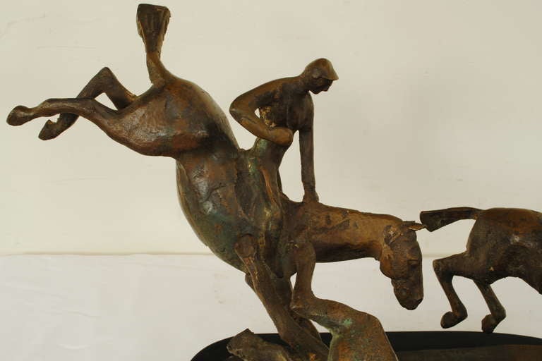 The grouping portraying jockeys atop horses in jump, gallop and fall modes.