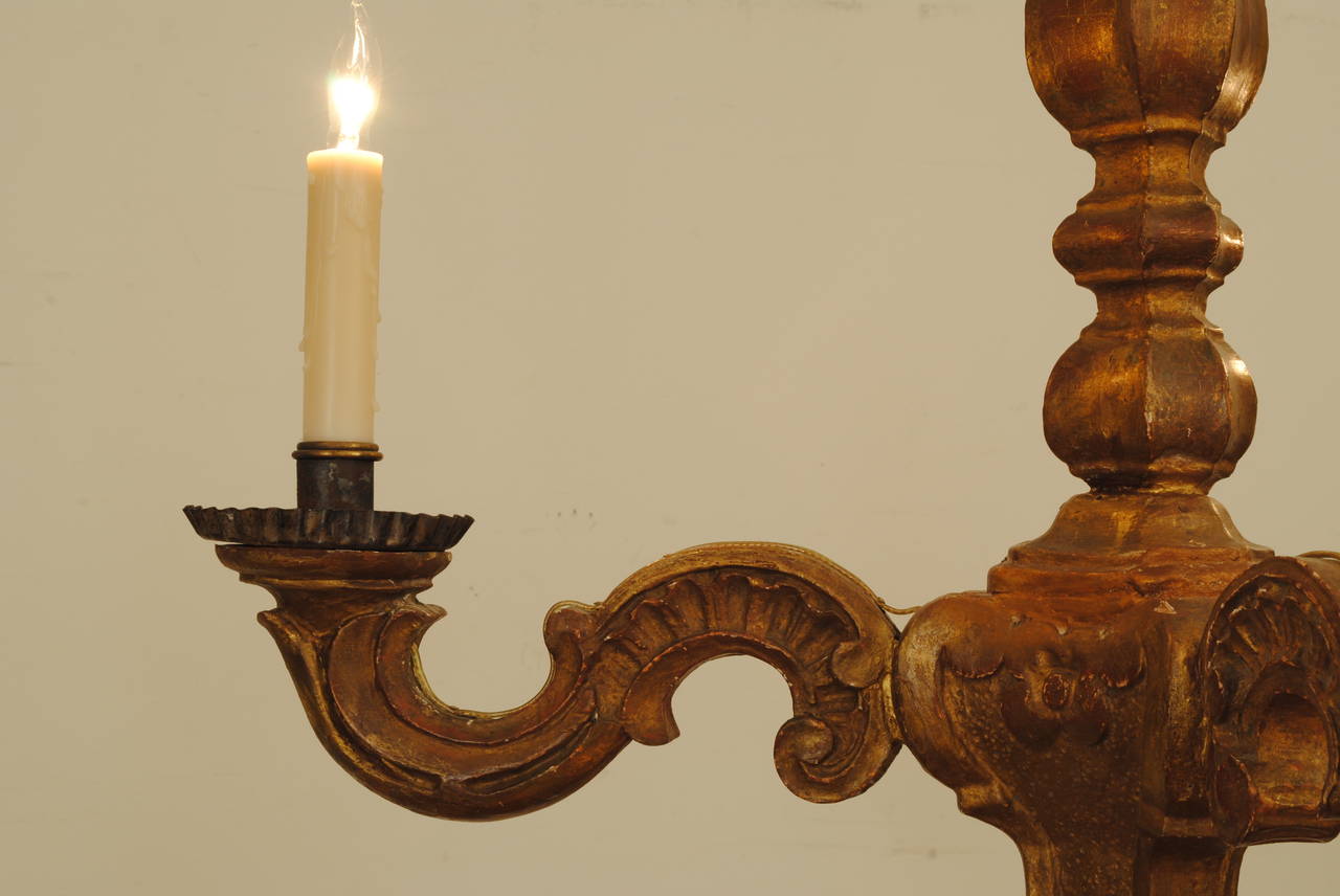 18th Century and Earlier Italian Rococo Carved Giltwood Three-Light Chandelier, 18th Century