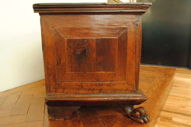 Italian A 17th Century Tuscan Walnut and Inlaid Cassone on Carved Feet