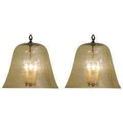 Antique Pair of French Blown Glass Cloches as Hanging Lanterns