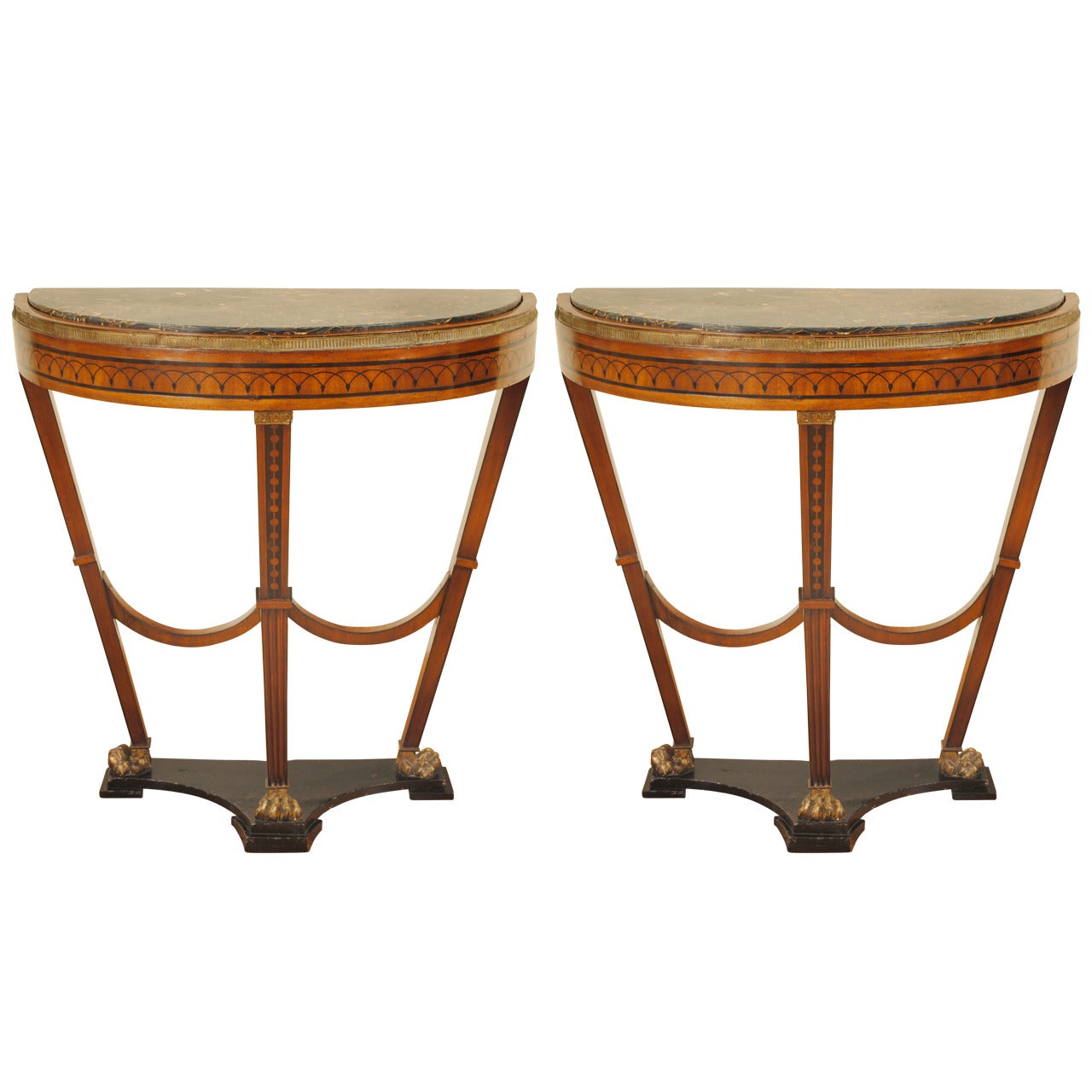 Pair of Continental, Possibly Baltic, Inlaid and Giltwood, Marble-Top Consoles