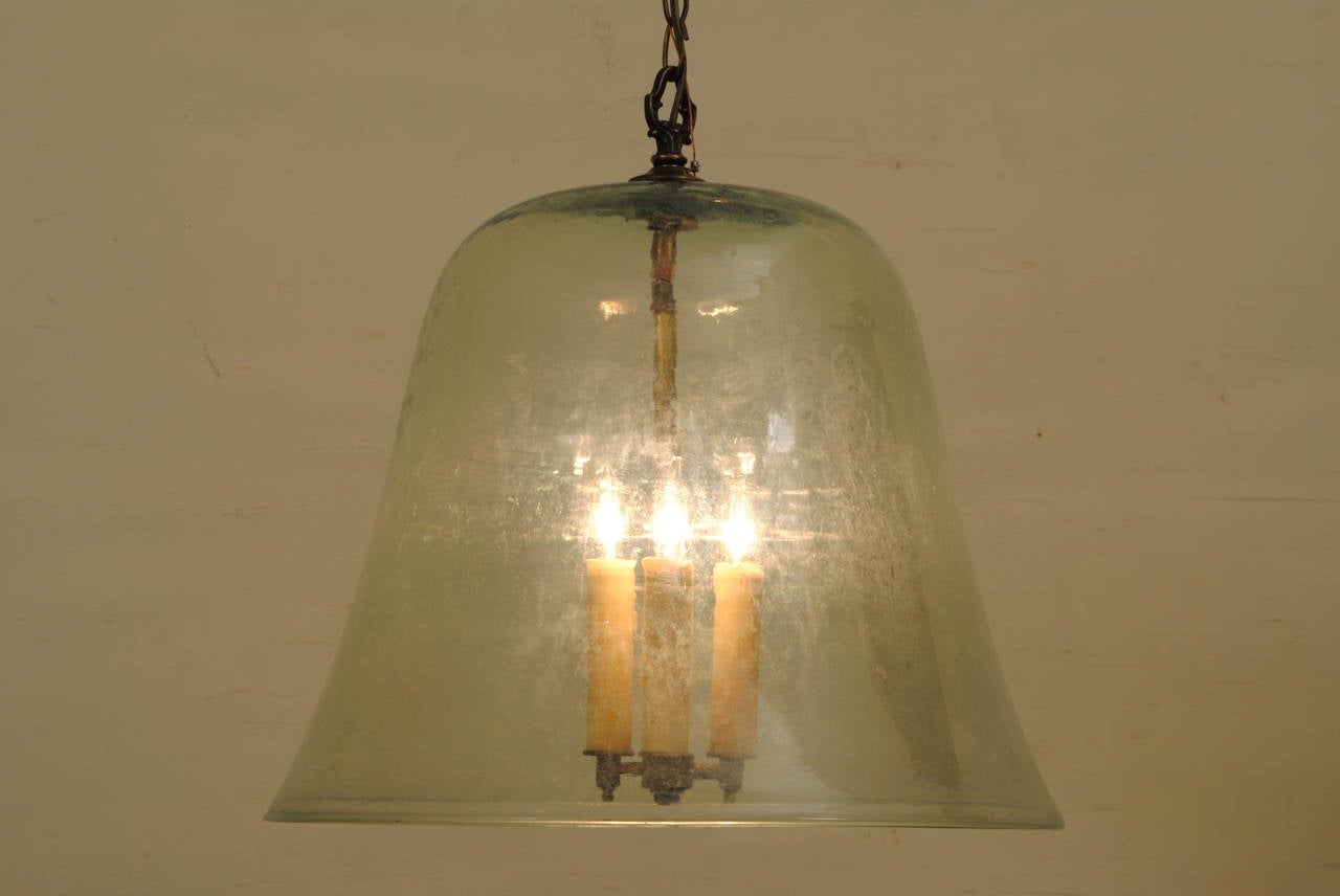 Pair of French Blown Glass Cloches as Hanging Lanterns